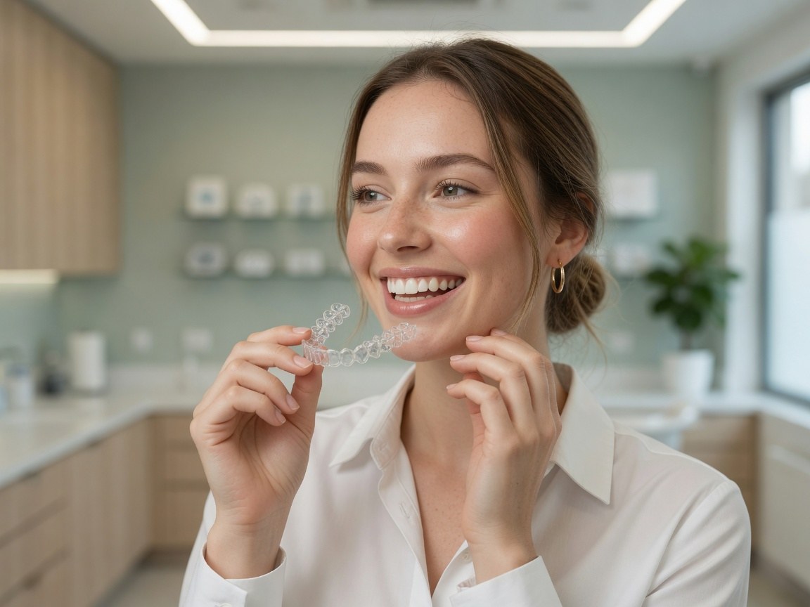 Patient with a clear aligner tray illustrating Invisalign care in Sterling, VA